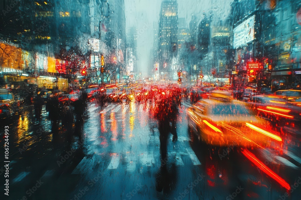 Fototapeta premium blurry scene of a bustling city street with pedestrians crossing at a traffic light capturing the energy and rhythm of urban life infused with a sense of movement and vitality