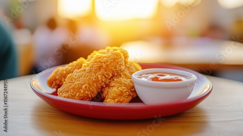 Crispy golden chicken tenders served with a side of dipping sauce, set against a warm sunset backdrop. photo