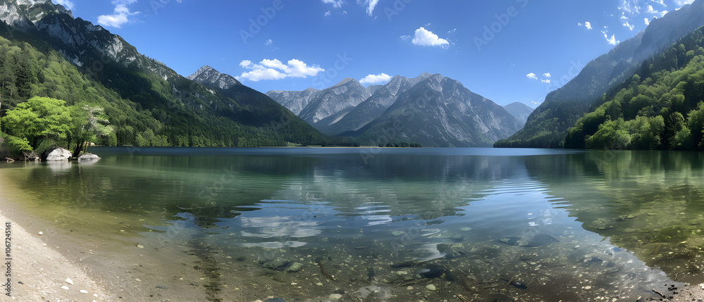 A serene lake nestled between majestic mountains, framed by lush forests, evokes peaceful tranquility. A serene lake nestled between majestic mountains, framed by lush forests, evokes peaceful tranquility.