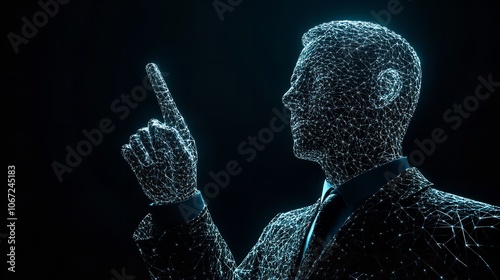 3D rendering of wireframe businessman pointing to hologram

 photo