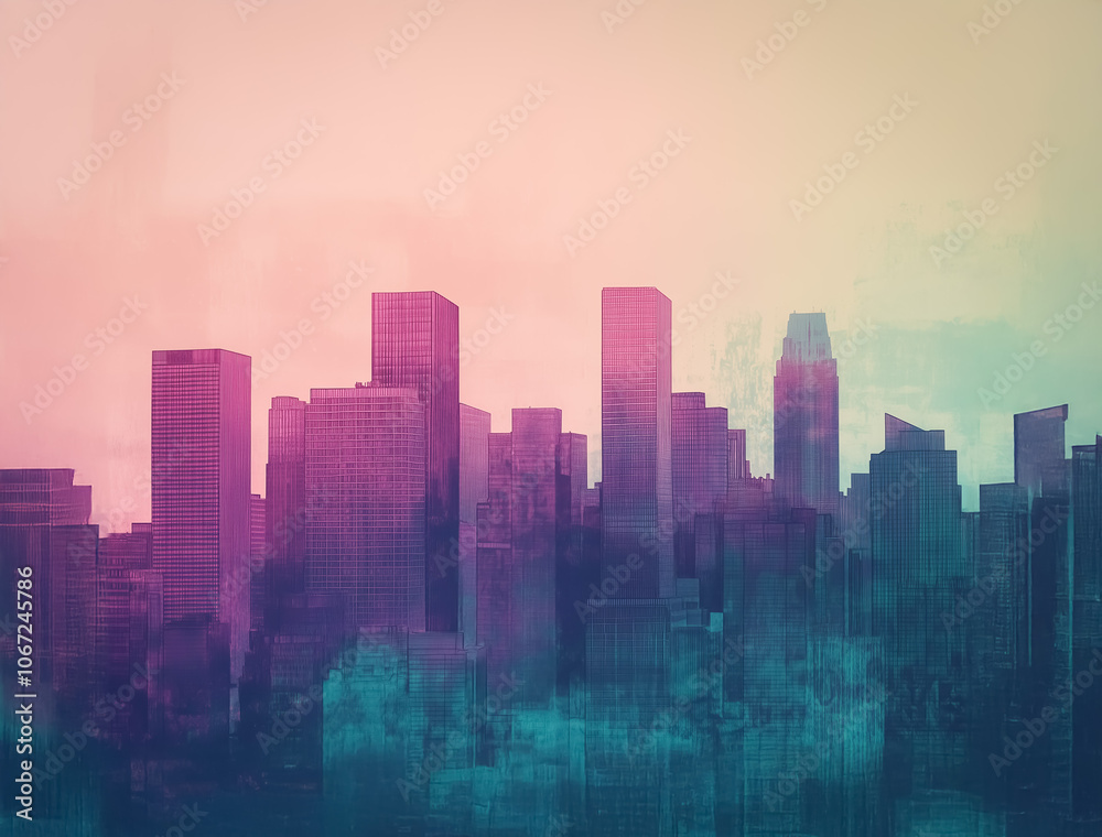 A stylized urban skyline with simplified skyscrapers rendered in calming pastel hues, evoking a dreamlike atmosphere. A stylized urban skyline with simplified skyscrapers rendered in calming pastel hues, evoking a dreamlike atmosphere.