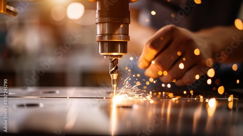 A close-up image of a metalworking process, showcasing a drill creating sparks while being operated by a skilled hand.