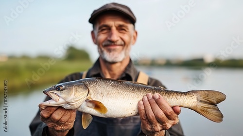 A smiling man holds a large fish while standing near a river, showcasing his catch on a sunny day, surrounded by greenery.