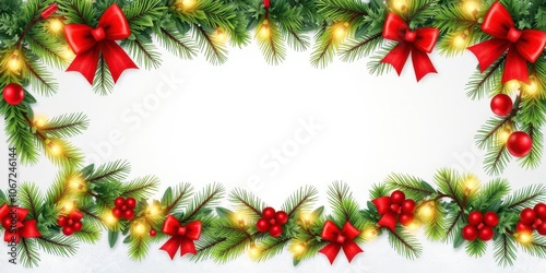 Seamless Christmas border with coniferous branches, garlands of lights, winter, decoration