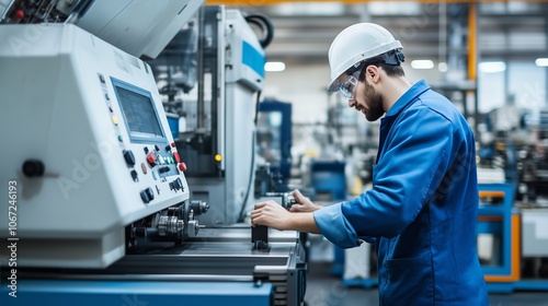 A worker operates heavy machinery in a modern manufacturing facility during daytime hours with safety gear and equipment in use