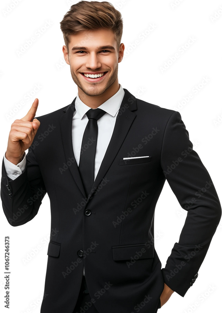 Business man smiling and pointing at copy space on side,PNG,transparent background,clipart. Business man smiling and pointing at copy space on side,PNG,transparent background,clipart.