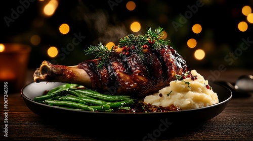 Slowroasted turkey leg with rich gravy, rustic mashed potatoes, and green beans, holidayinspired plating, Turkey meat menu, Traditional feast photo