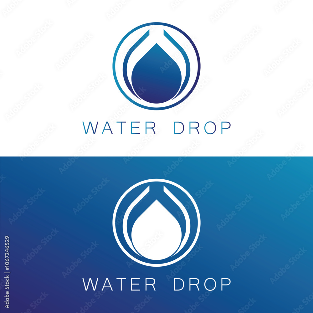 Fototapeta premium Water Logo. Blue Water Drop Linked with Circle Line Around isolated on Blue Background. Usable for Business, Science, Healthcare, Medical and Nature Logos. Flat Vector Logo Design Template Element.