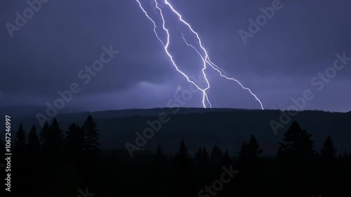 lightening on a rural hilly landscape with a pine forest in the foreground, at nighttime