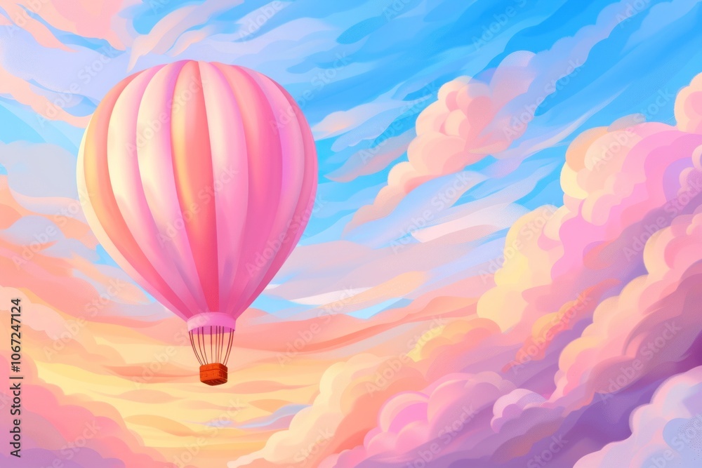 Obraz premium Pink hot air balloon soaring amidst vibrant pastel clouds at sunset