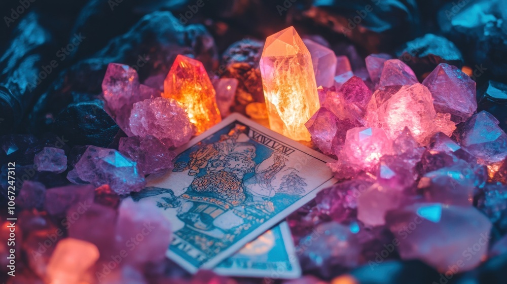 A dramatic composition of tarot cards and various shades of pink crystals, all softly illuminated to enhance their mystical qualities A dramatic composition of tarot cards and various shades of pink crystals, all softly illuminated to enhance their mystical qualities