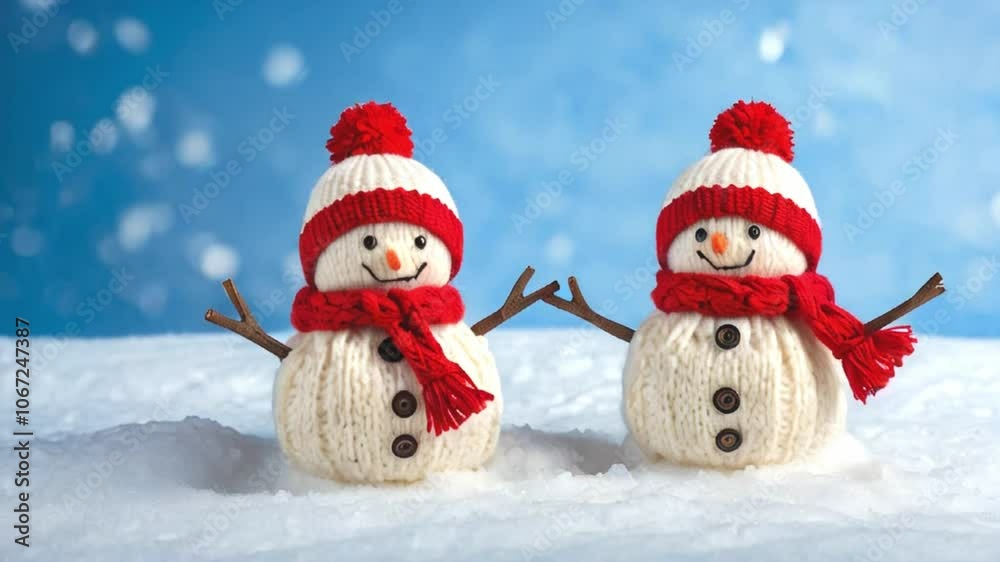 Knitted snowmen in hat and scarf on snow