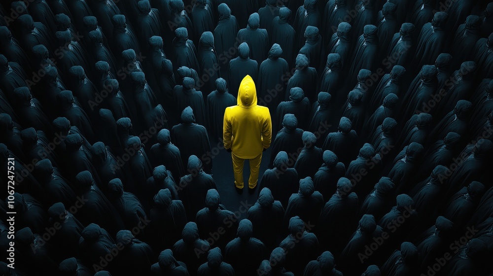 A bright figure stands out among shadows exploring identity and isolation in a sea of darkness