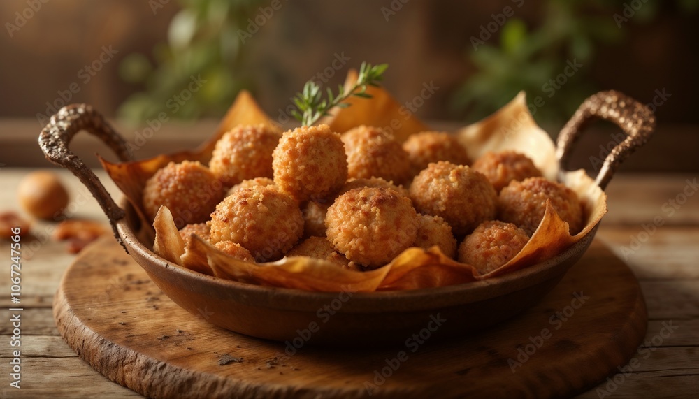 Crispy golden fried sardine balls served in rustic bowl with herbs on wooden table
