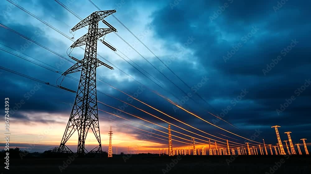 A towering electricity transmission tower silhouetted against a vibrant dusk sky, with glowing orange wires pulsating with energy, symbolizing technological advancement in power su