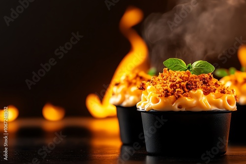 Turkey mac and cheese with crunchy breadcrumb topping, served in mini skillets, comfort food twist, Turkey meat menu twist, Gourmet comfort fusion