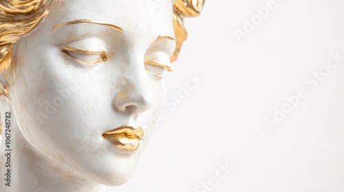 Plaster and gold sculpture of Venus head, isolated on a white background with a clean, elegant look