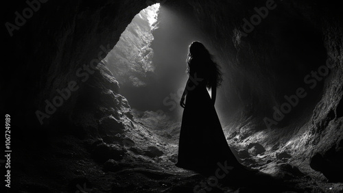 A mysterious glowing spirit figure in an ethereal dark cave setting
