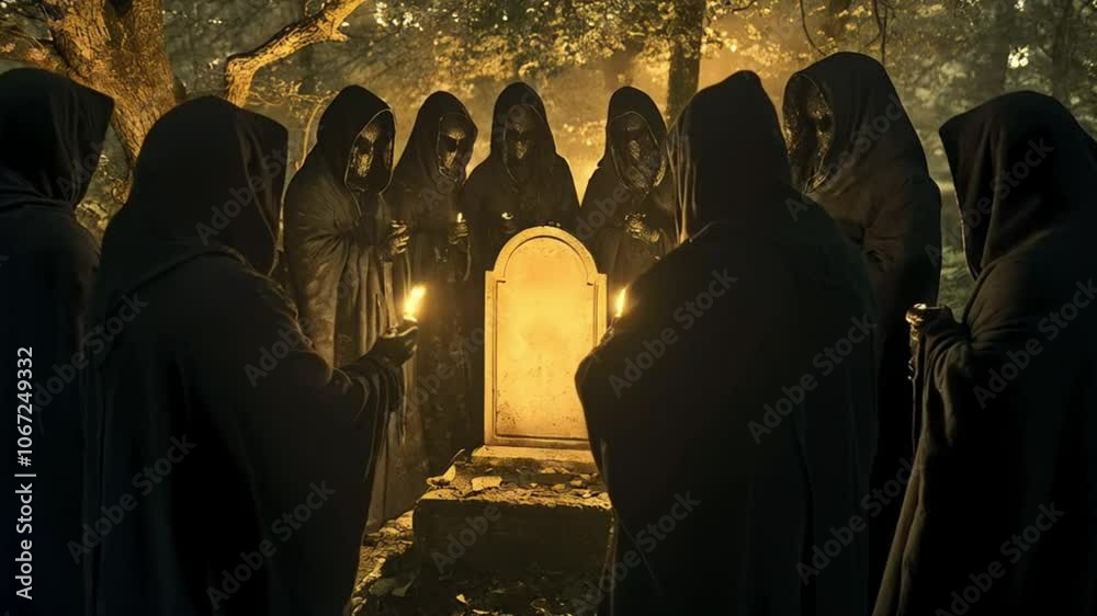 Mysterious Gathering: Silhouetted figures shrouded in darkness, gather around a glowing portal in a haunting scene of mystery and intrigue.