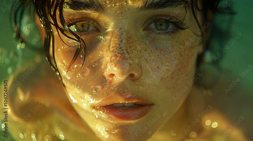Close-up Portrait of a Woman's Face with Water Droplets