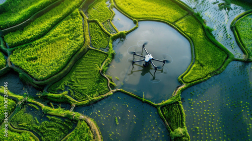 Top view of data for precision farming field. Importance of drones. Agriculture and technology concept. Man is in control of drone flying over a large cornfield photo