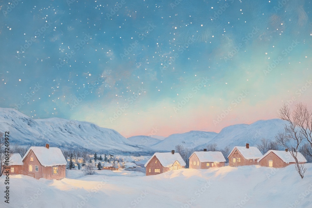 Tranquil snowy village at dusk under starry winter sky Tranquil snowy village at dusk under starry winter sky