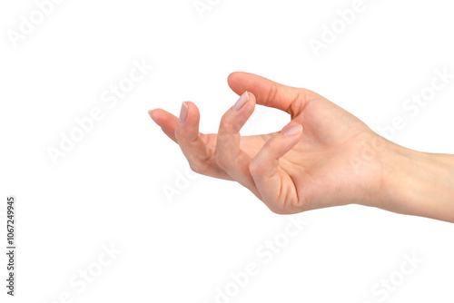 Foto Young woman's hand isolated on white background. Close-up.