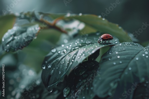 A ladybug rests on dewy leaves, the glistening droplets amplifying the vibrant red against lush green foliage.