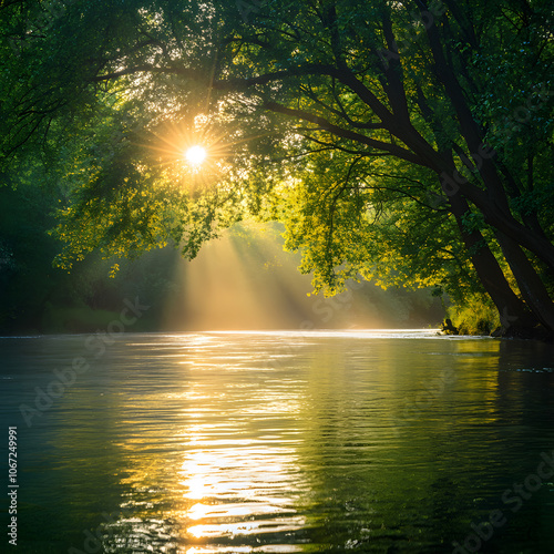 Serene River with Sunlight Through Trees