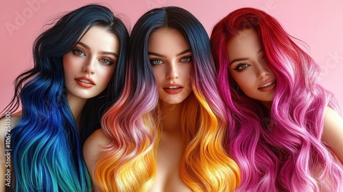 Rainbow-colored long hair extensions, with an eye-catching presentation ideal for diverse hair care and styling ads photo