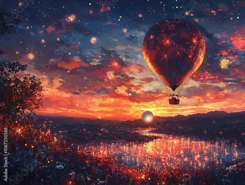  a hot air balloon floating in a vibrant, cloudy sky, with a firework of celestial bodies.