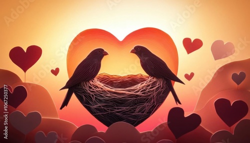 Lovebirds in a heartshaped nest, papercut sunset sky, pastel Valentine s colors, papercut style background, no blur, photo not dark, everything is clear, copy space photo