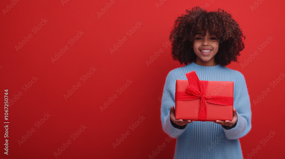 Young African American girl with voluminous hair and blue sweater holding gift. Copy space. Red background Young African American girl with voluminous hair and blue sweater holding gift. Copy space. Red background