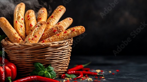 Witch s finger  breadsticks with red pepper tips, Halloween party snack, closeup detail, rustic setting photo