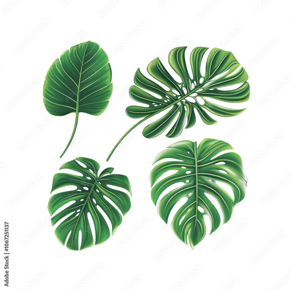Naklejka premium Green Tropical Monstera Leaves on Transparent Background