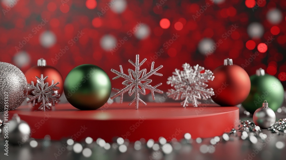3D-Renderd  red podium with golden ,colourful christmas ornaments