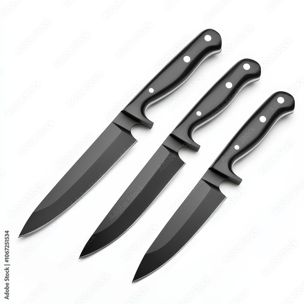 Obraz premium The image shows three identical black-handled kitchen knives with sharp blades, arranged in a row. The knives have ergonomic handles with three rivets each, designed for durability and comfort