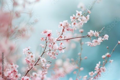 Delicate pink blossoms against a dreamy pastel background, capturing the ephemeral beauty of spring in a serene, soft focus scene.