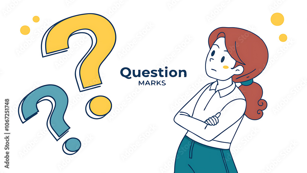Thoughtful girl question marks vector illustration.
Thoughtful girl question marks vector illustration.