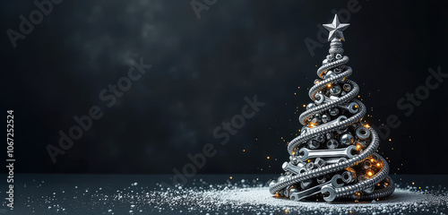 Christmas tree made of wrenches decorated with balls on a black background. New Year banner with tools. Postcard with place for greeting text for happy new year with industrial holiday concept.