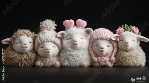 Adorable plush lambs with cozy hats and accessories, smiling against a dark backdrop, AI