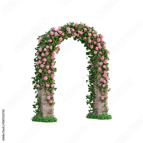 Brick archway covered in pink roses