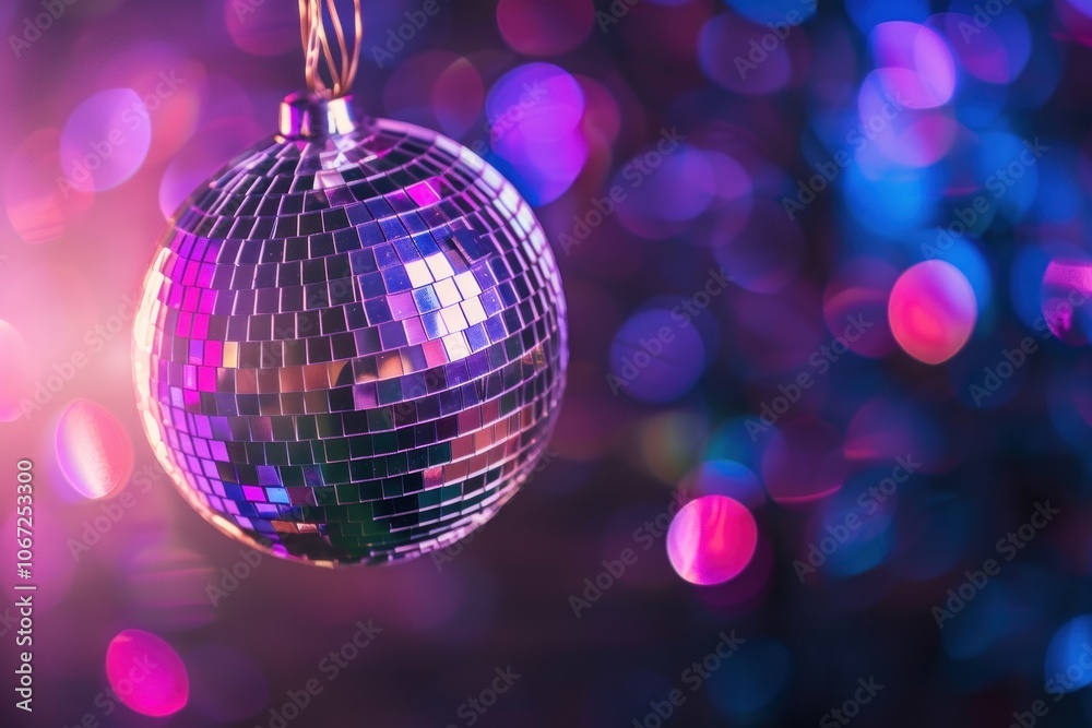 Obraz premium Vibrant disco ball with colorful bokeh lights in background