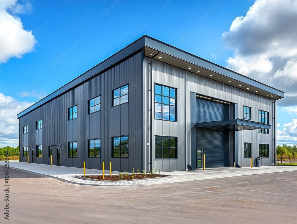 Modern warehouse exterior with metal cladding under blue sky Modern warehouse exterior with metal cladding under blue sky