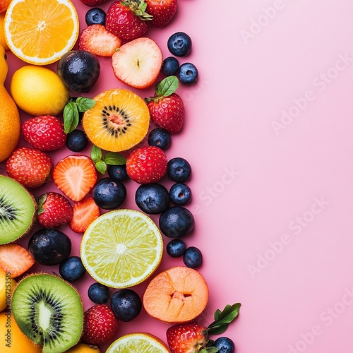 photo of fresh fruits good looking fresh, fruits, delicious, creative, advertisement, pink background, artistic. front view photography. generative ai