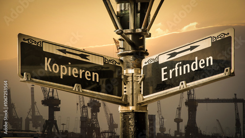 Foto Signposts the direct way to copying versus invention