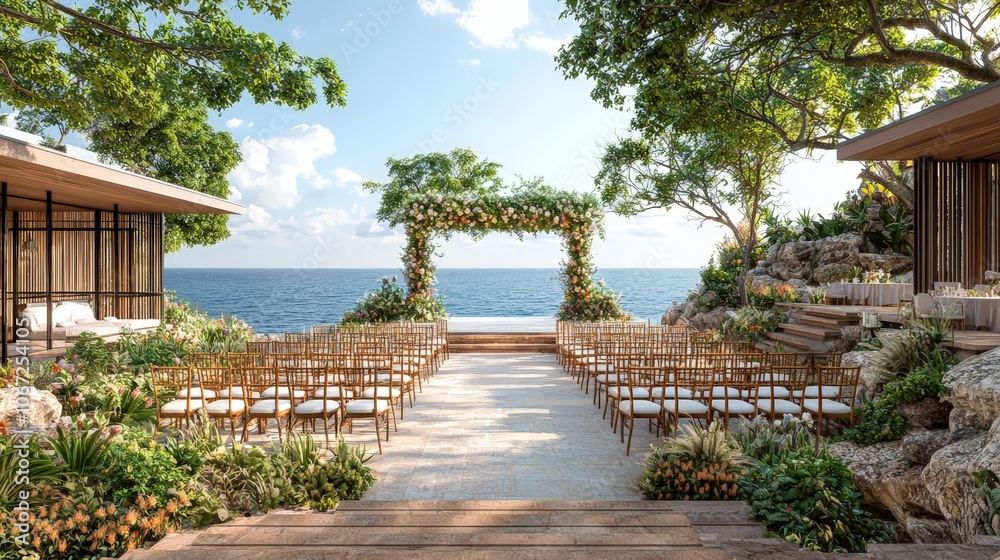 Cliffside Wedding Setup with Ocean View Backdrop and Dramatic Lighting