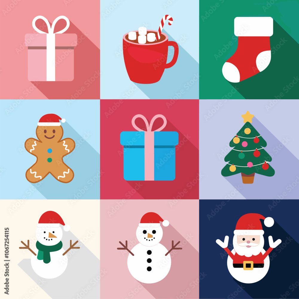 Flat Christmas icons featuring gifts, Santa Claus, gingerbread men, stockings, a Christmas tree, and a mug of hot cocoa with candy canes.
Flat Christmas icons featuring gifts, Santa Claus, gingerbread men, stockings, a Christmas tree, and a mug of hot cocoa with candy canes.