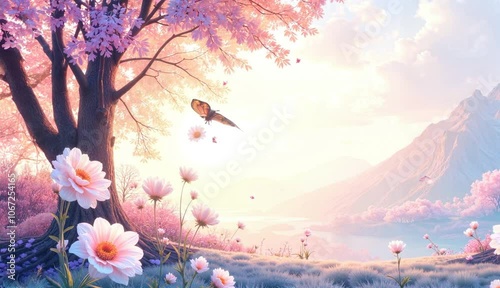 Butterfly flying in dreamy spring landscape with cherry blossoms
