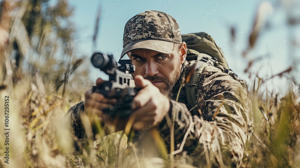 A man in camouflage clothing kneels in tall grass while aiming a rifle during a hunting expedition in the woods on a sunny day A man in camouflage clothing kneels in tall grass while aiming a rifle during a hunting expedition in the woods on a sunny day
